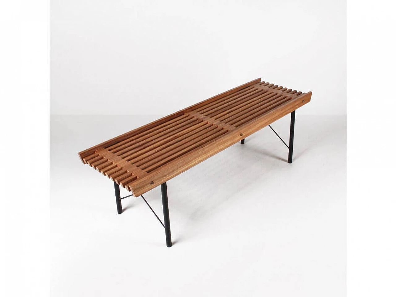 Black painted iron and wood bench, 1960s 1