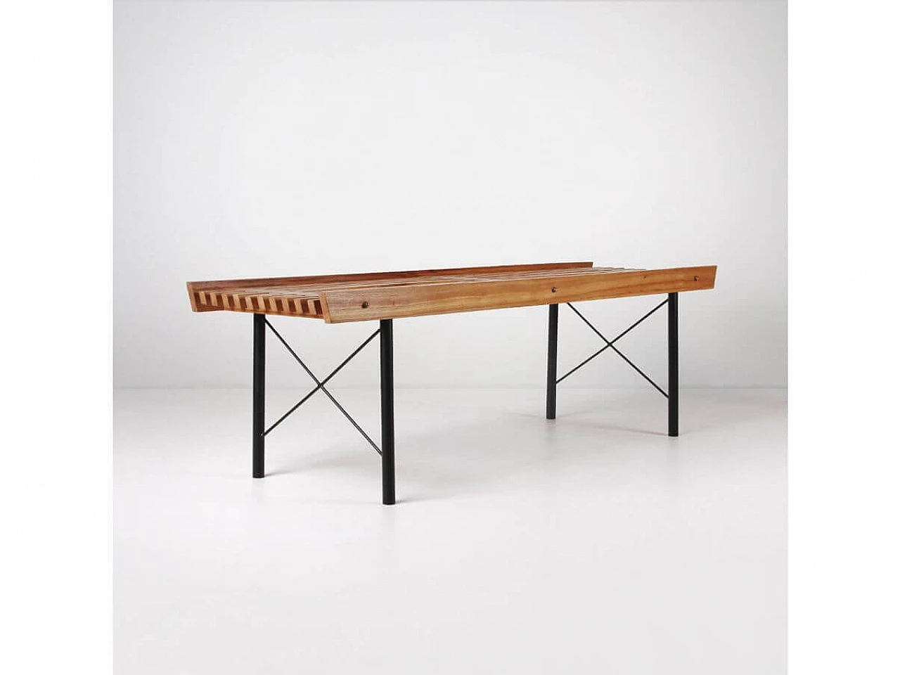 Black painted iron and wood bench, 1960s 2