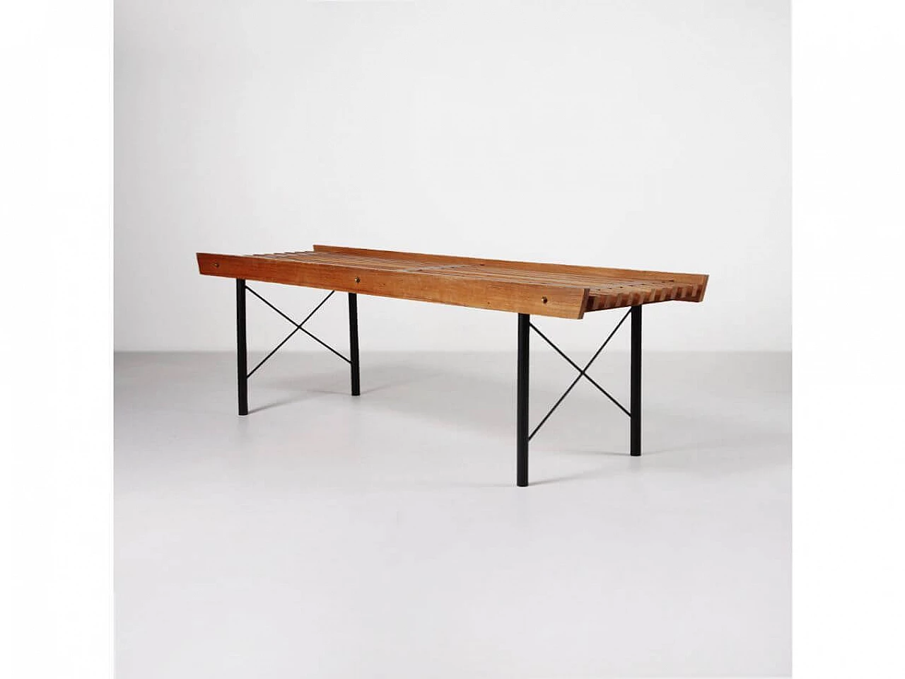 Black painted iron and wood bench, 1960s 5