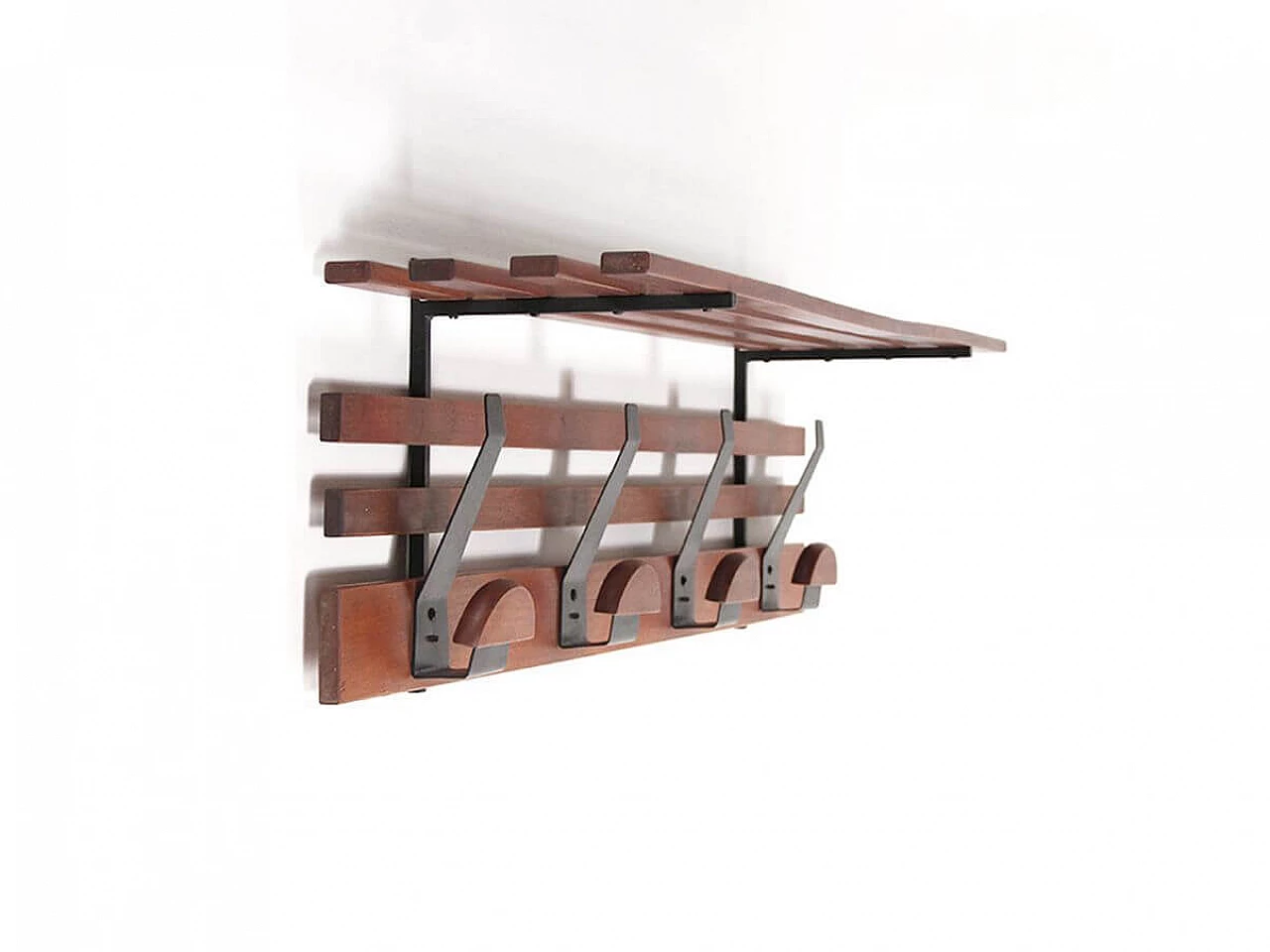 Wood and metal wall coat hanger with hat rack, 1960s 1