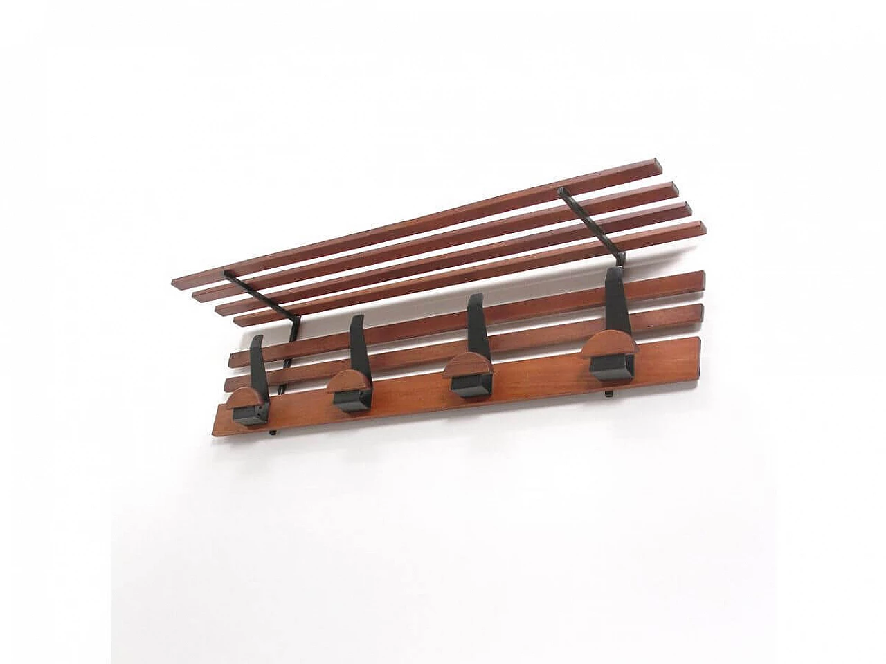 Wood and metal wall coat hanger with hat rack, 1960s 5