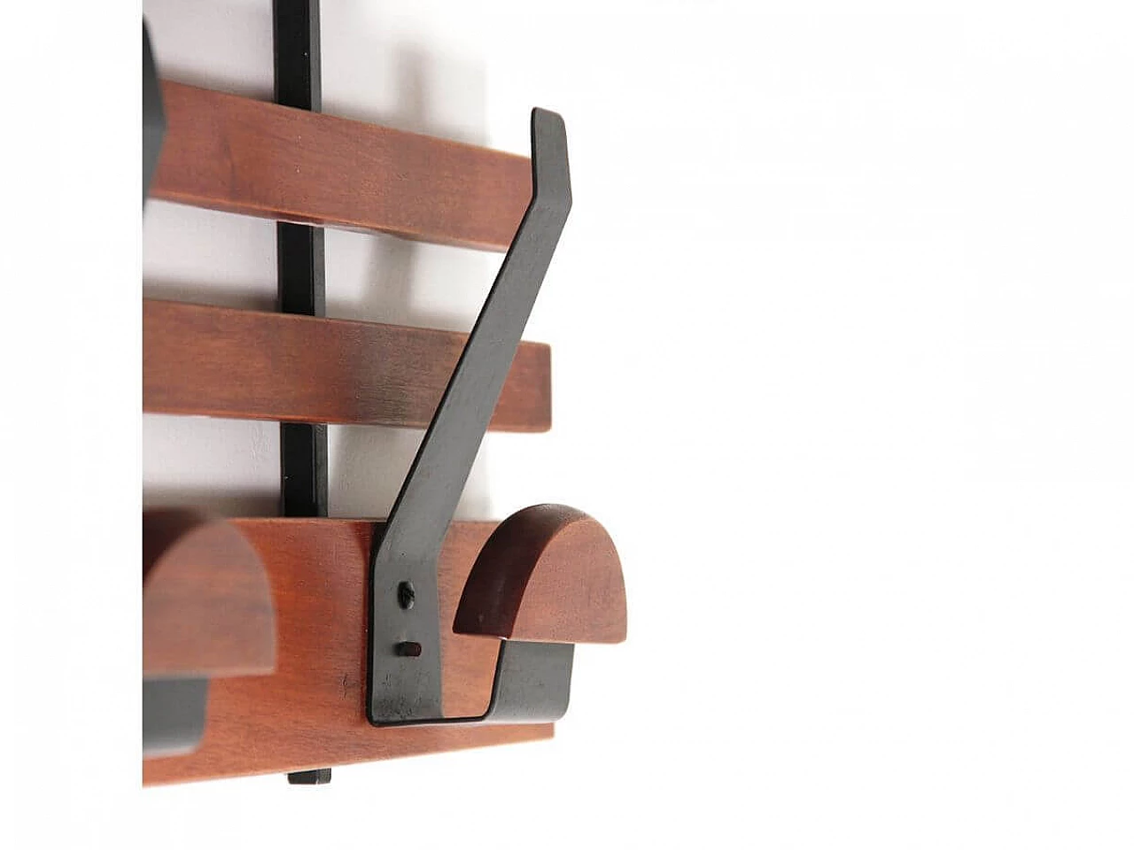 Wood and metal wall coat hanger with hat rack, 1960s 6