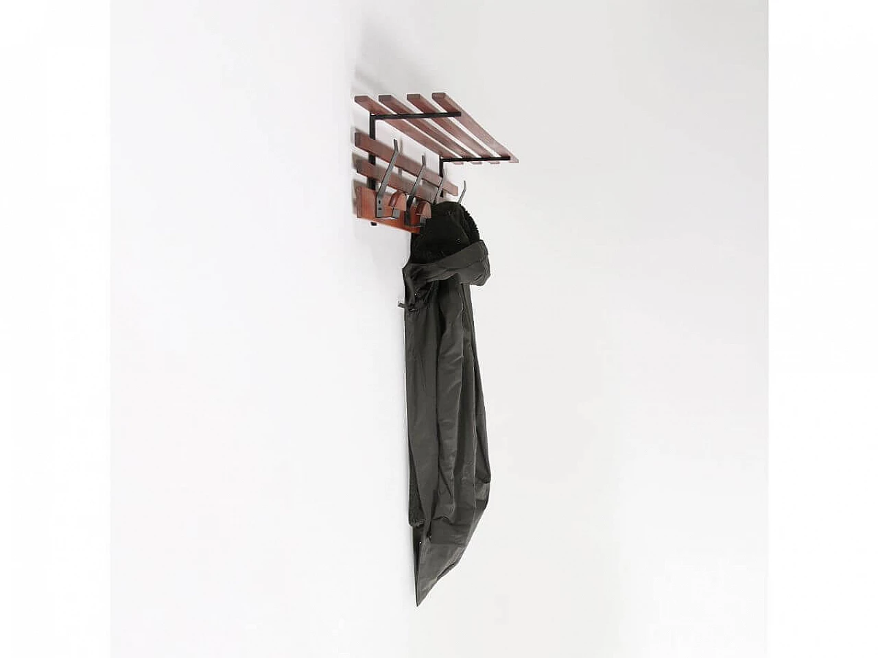 Wood and metal wall coat hanger with hat rack, 1960s 7