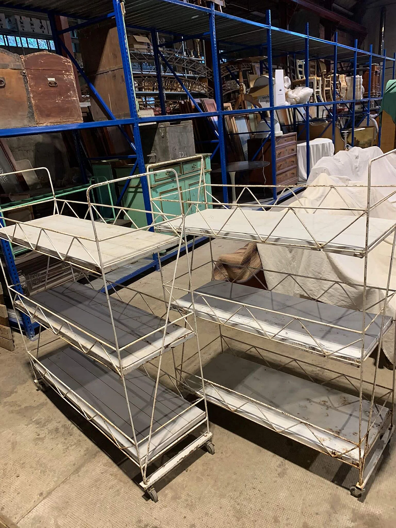 Pair of white metal carts with marble shelves, 1930s 10