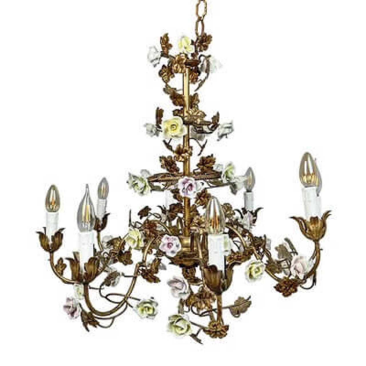 Gilded metal chandelier with porcelain roses, early 20th century 1