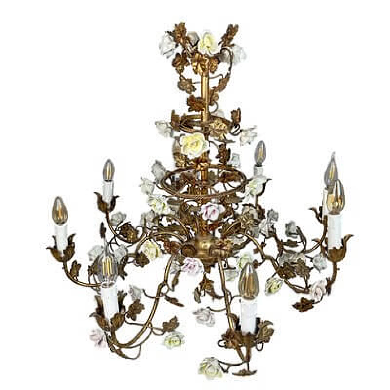 Gilded metal chandelier with porcelain roses, early 20th century 2