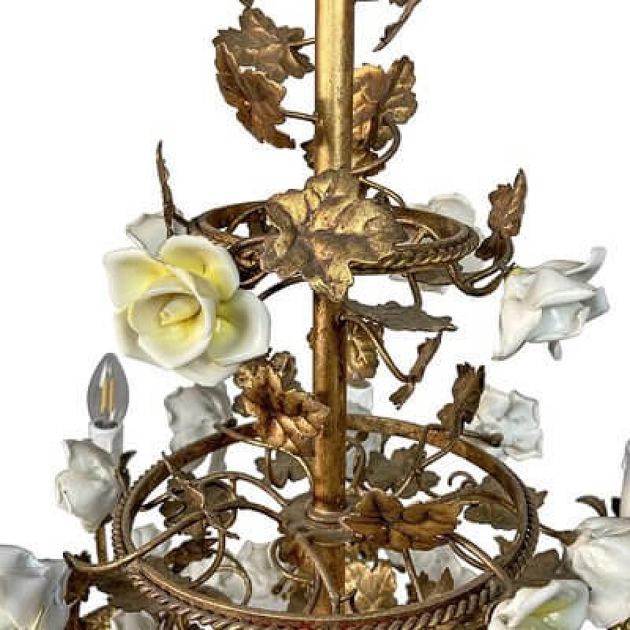 Gilded metal chandelier with porcelain roses, early 20th century 3