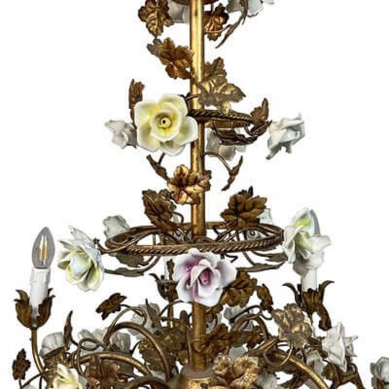 Gilded metal chandelier with porcelain roses, early 20th century 4