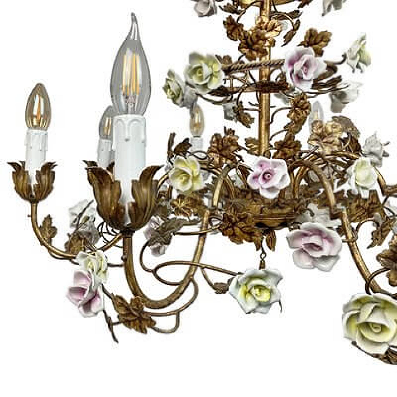 Gilded metal chandelier with porcelain roses, early 20th century 5