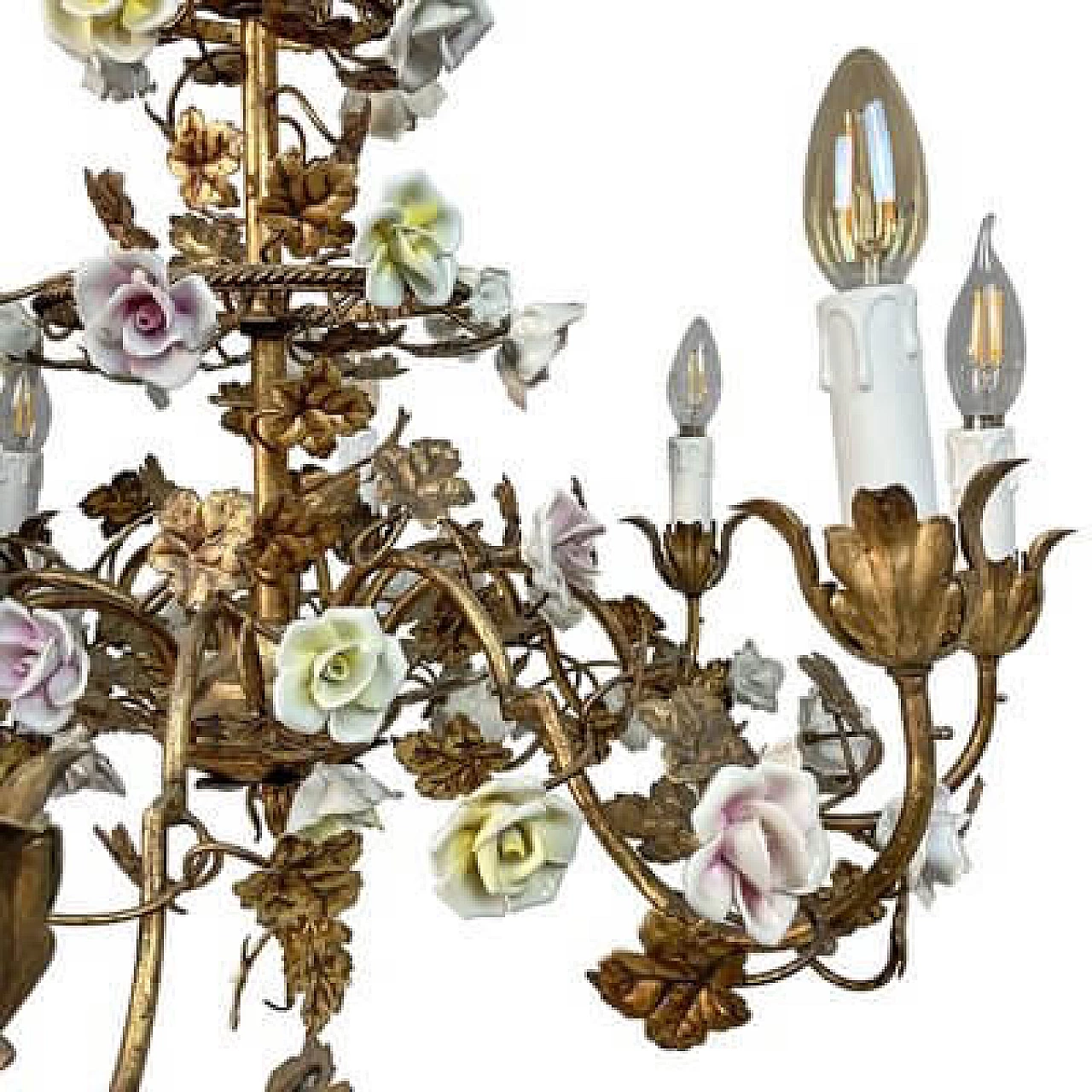 Gilded metal chandelier with porcelain roses, early 20th century 6