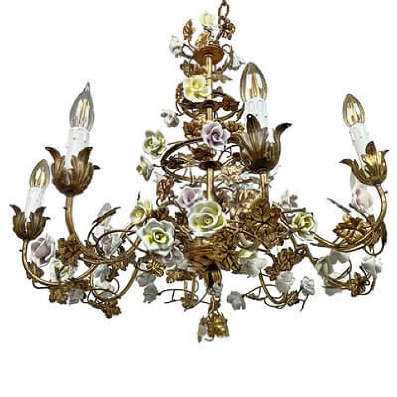 Gilded metal chandelier with porcelain roses, early 20th century 7