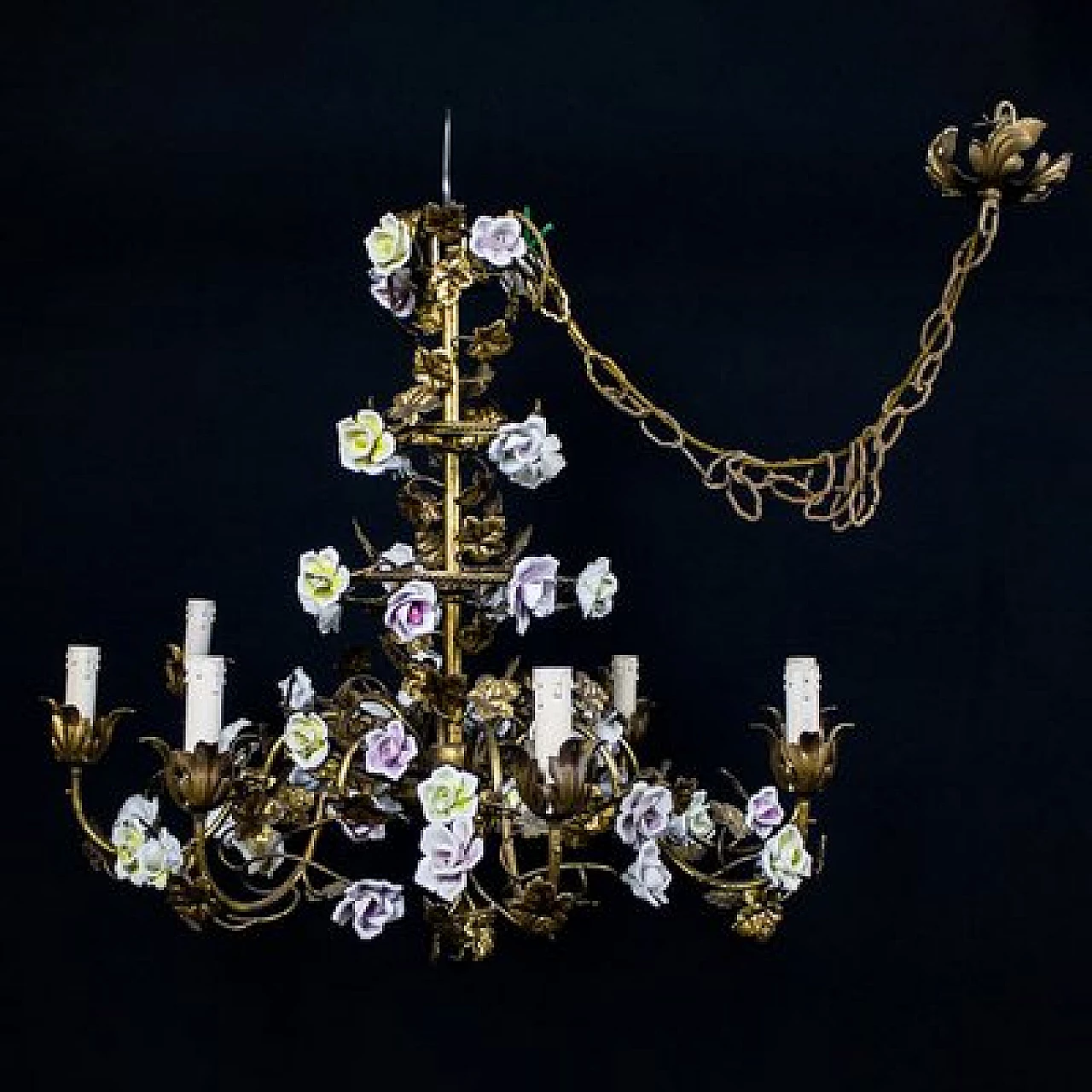 Gilded metal chandelier with porcelain roses, early 20th century 9