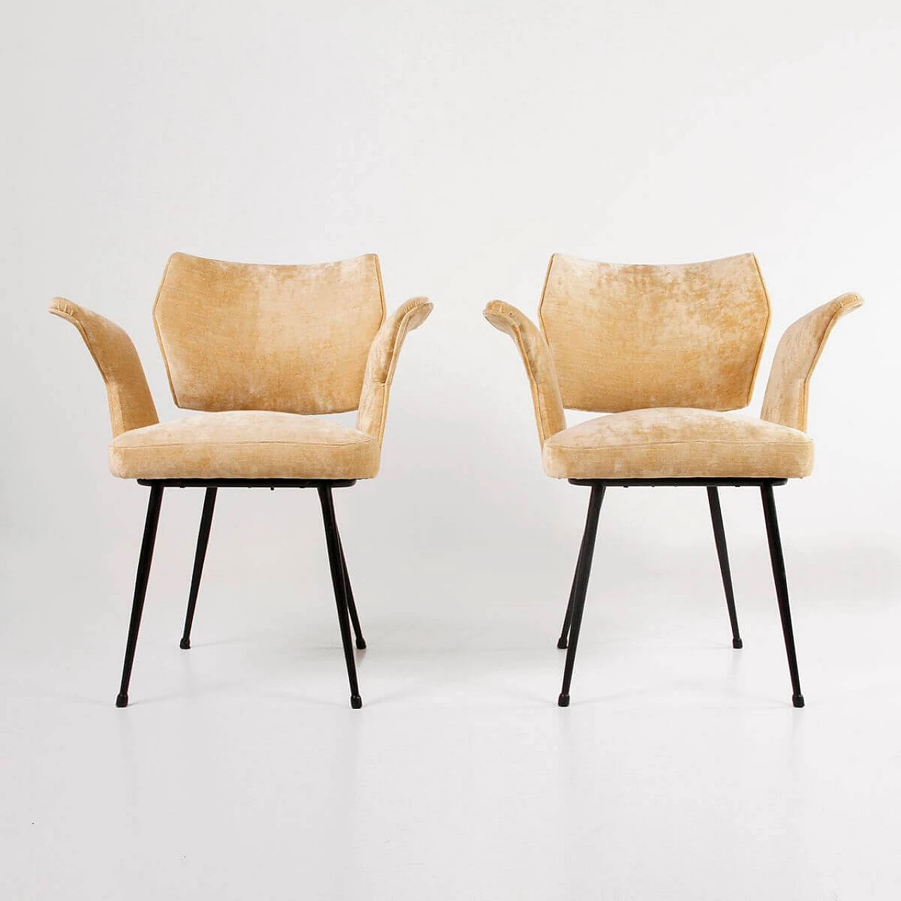 Pair of velvet chairs with armrests and metal frame, 1960s 2