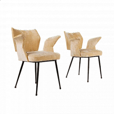 Pair of velvet chairs with armrests and metal frame, 1960s