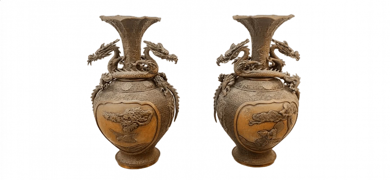 Pair of Japanese bronze vases with dragons 20