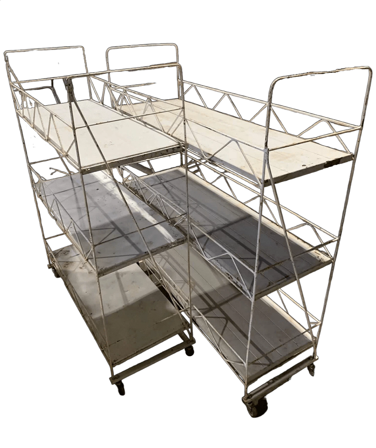 Pair of white metal carts with marble shelves, 1930s 11