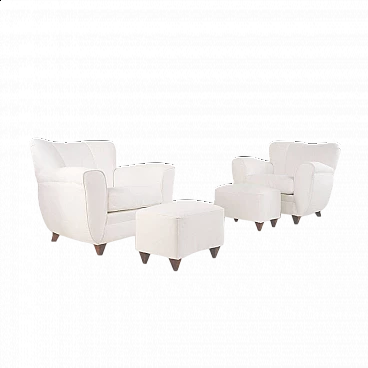 Pair of armchairs and pair of poufs in white fabric, 1940s