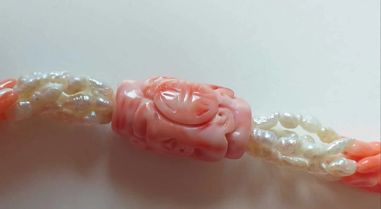 Japanese pink coral and river pearl necklace, 1970s 4