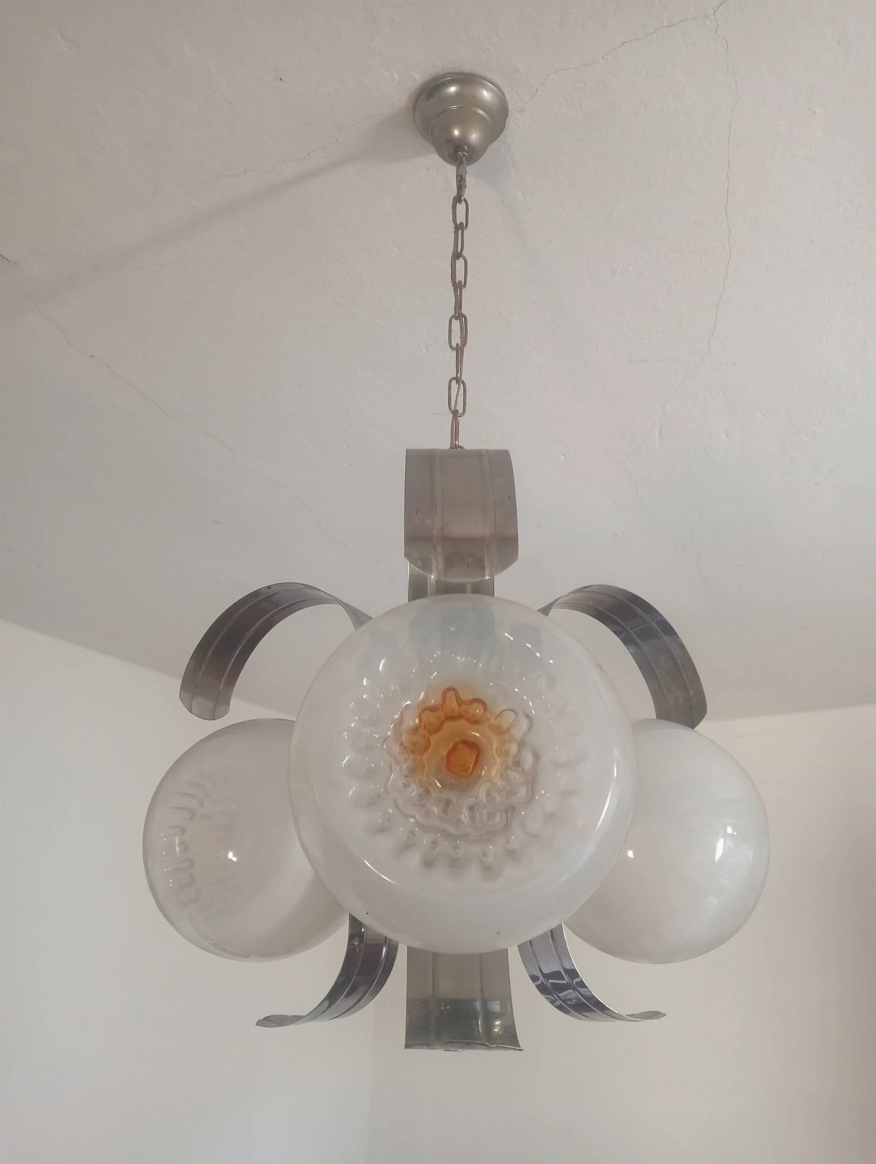 Three-light glass and chromed metal chandelier, 1970s 6