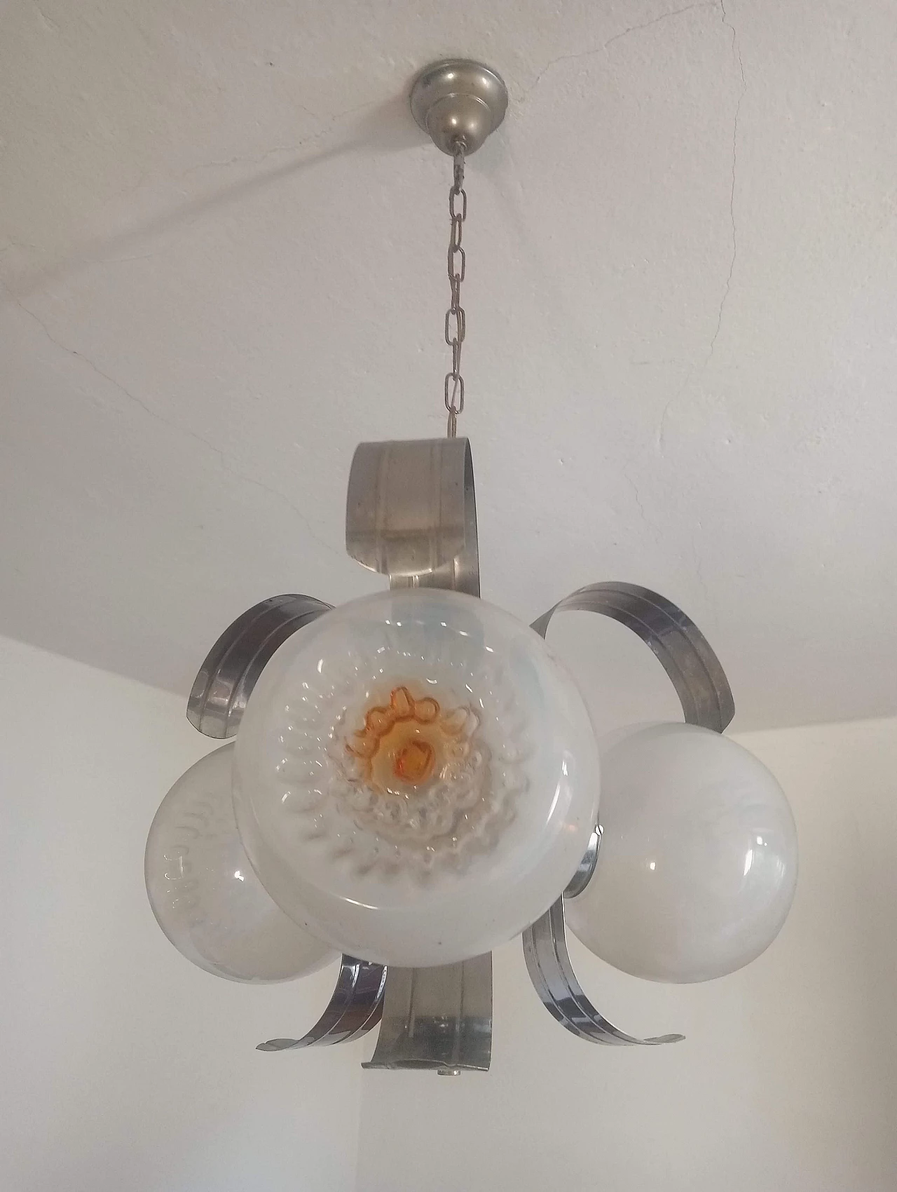 Three-light glass and chromed metal chandelier, 1970s 7