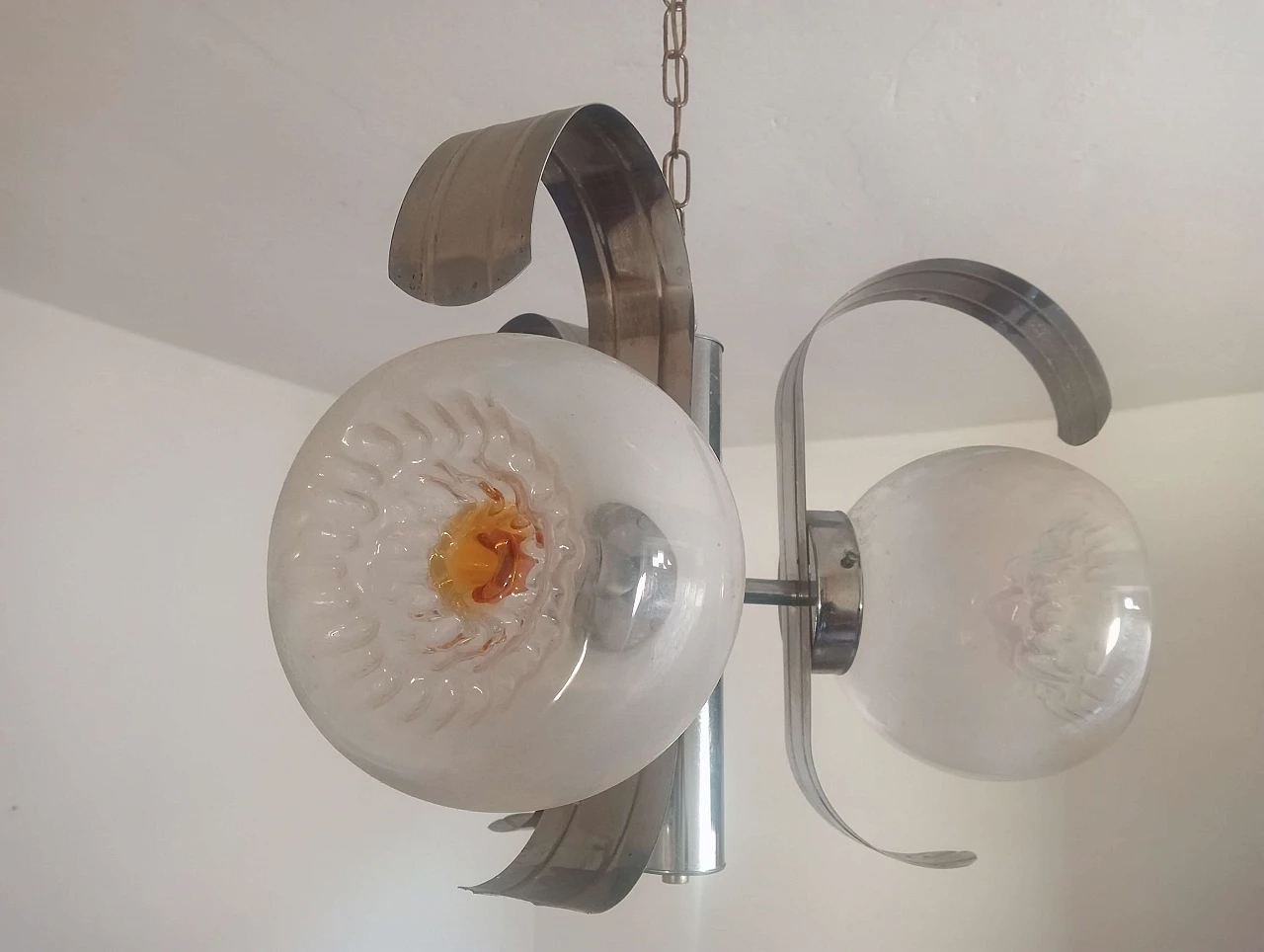 Three-light glass and chromed metal chandelier, 1970s 10