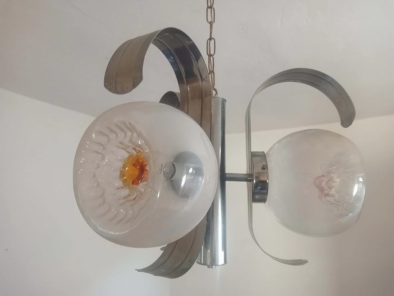 Three-light glass and chromed metal chandelier, 1970s 11