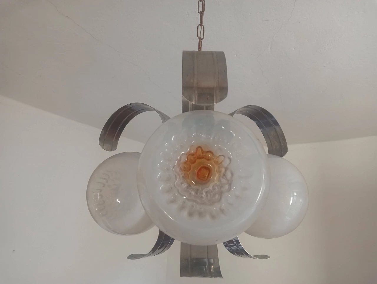 Three-light glass and chromed metal chandelier, 1970s 14