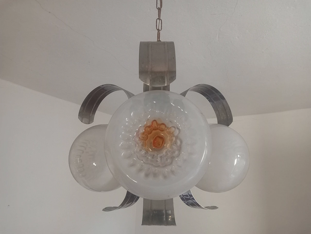 Three-light glass and chromed metal chandelier, 1970s 15