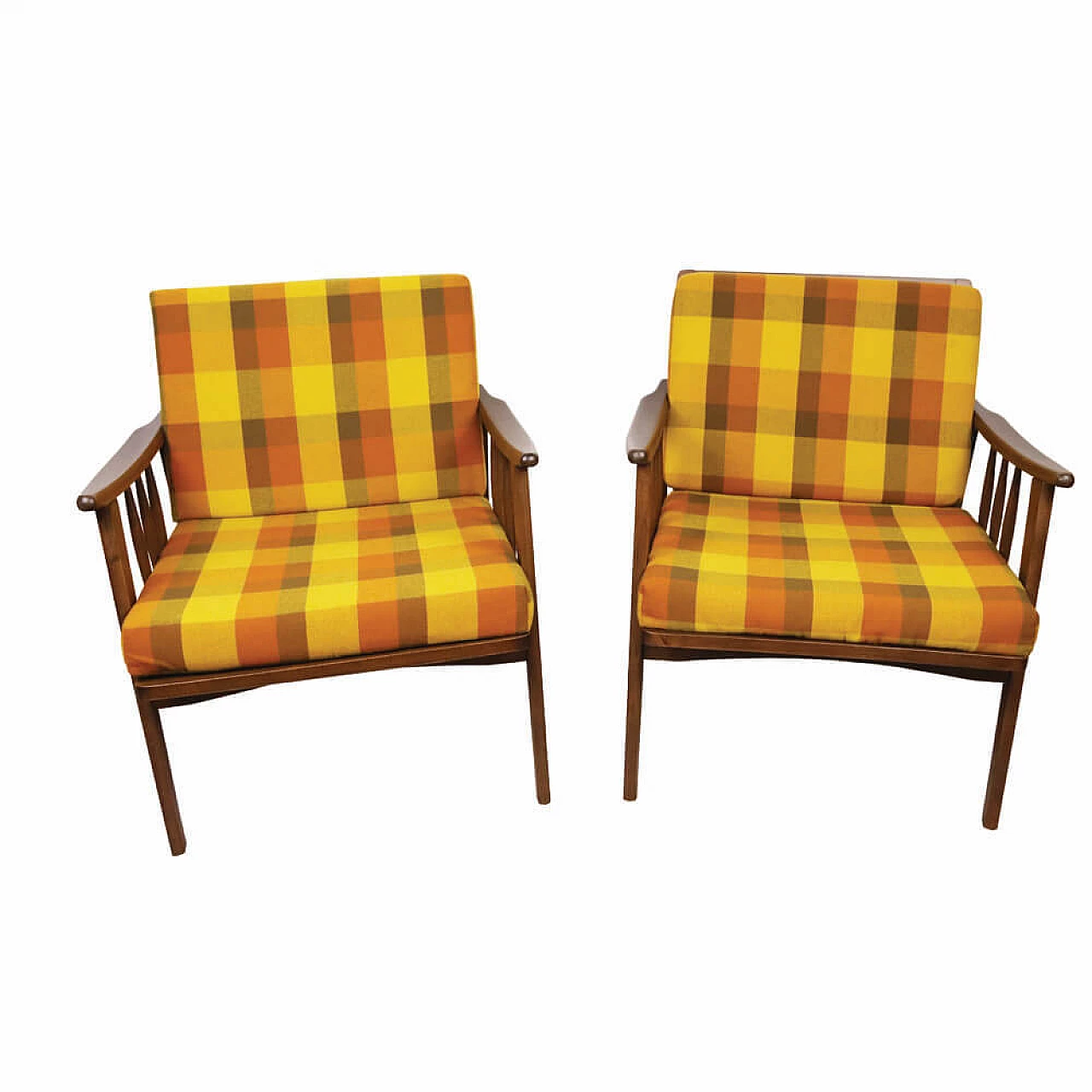 Pair of wood and multicolored checkered fabric armchairs, 1960s 1