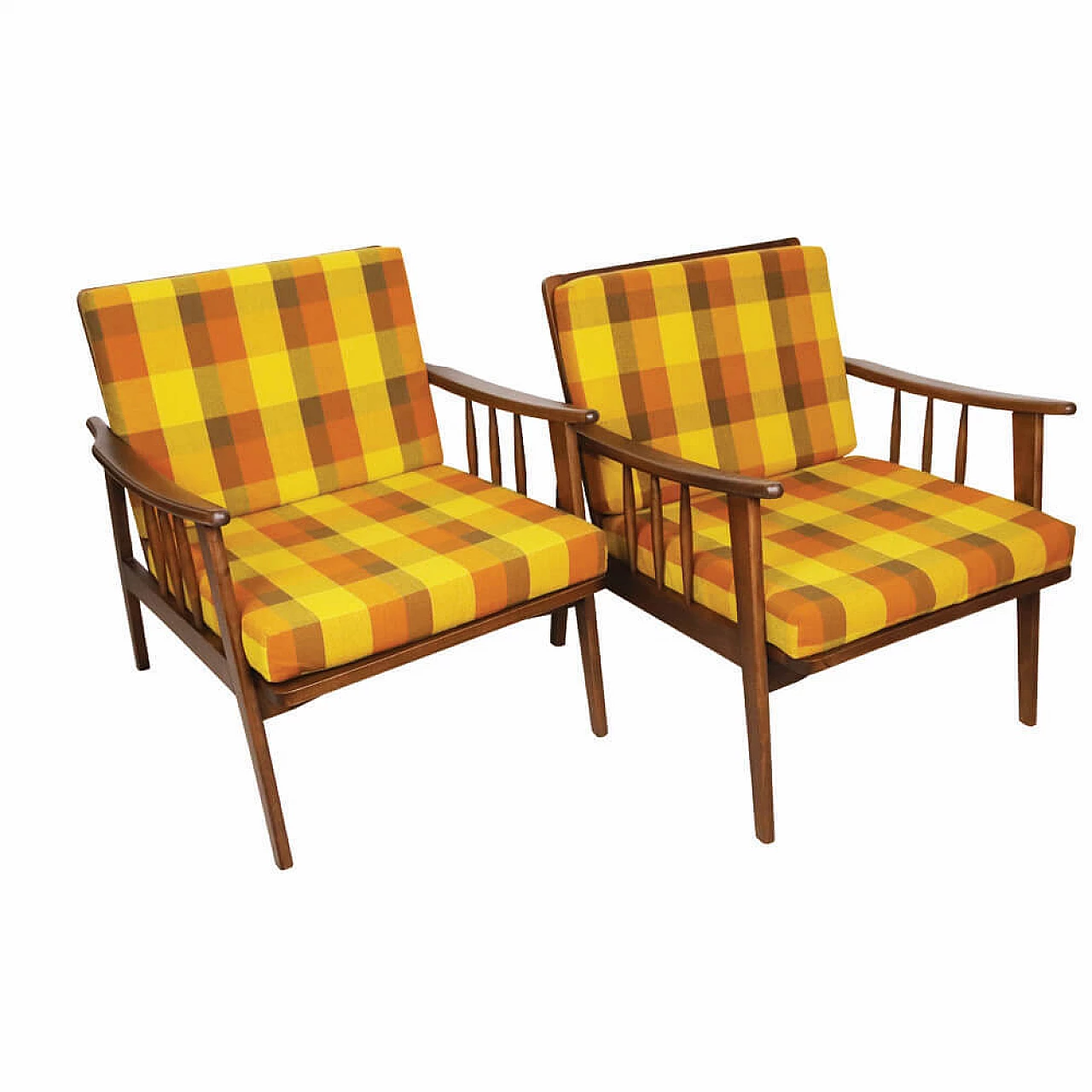 Pair of wood and multicolored checkered fabric armchairs, 1960s 2