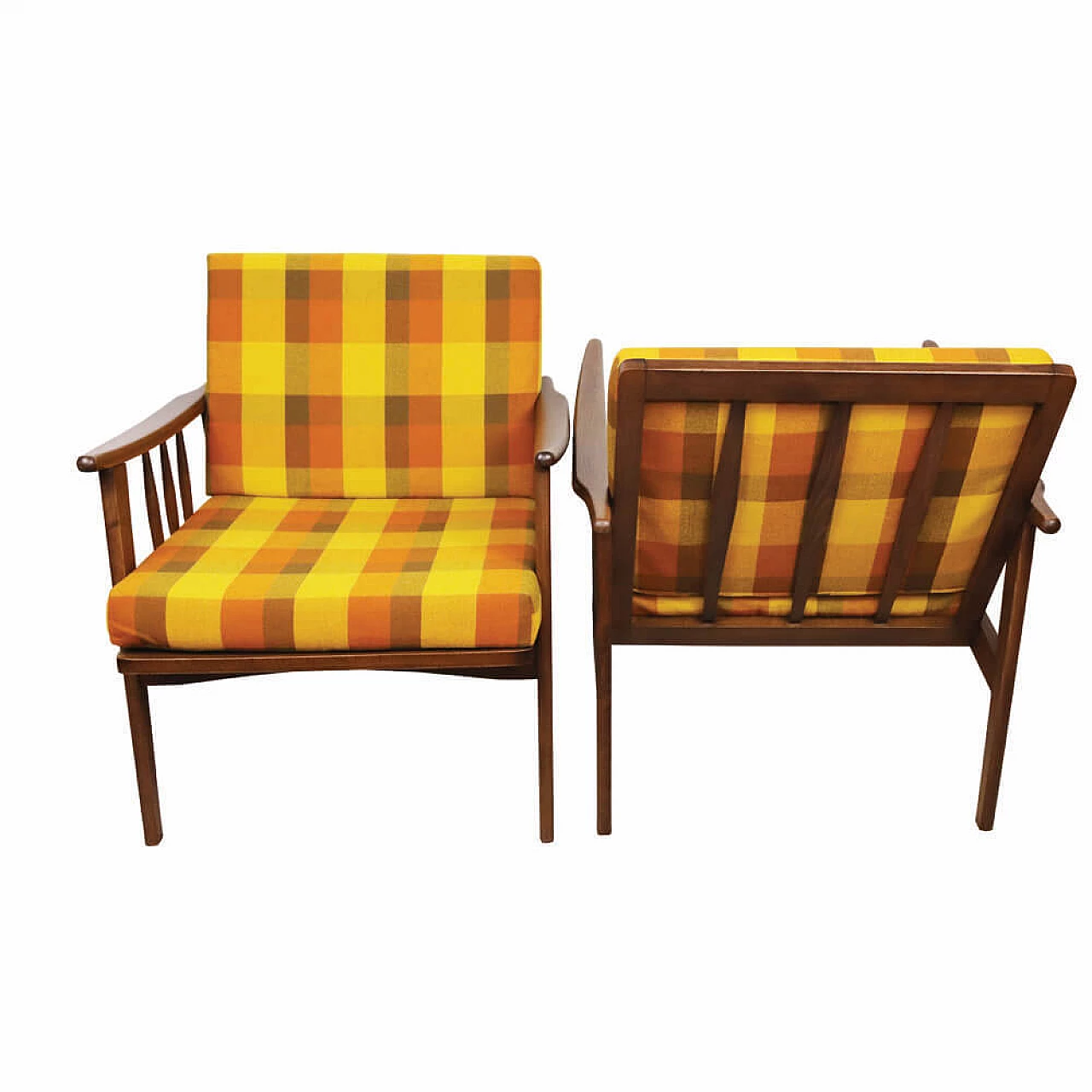 Pair of wood and multicolored checkered fabric armchairs, 1960s 4