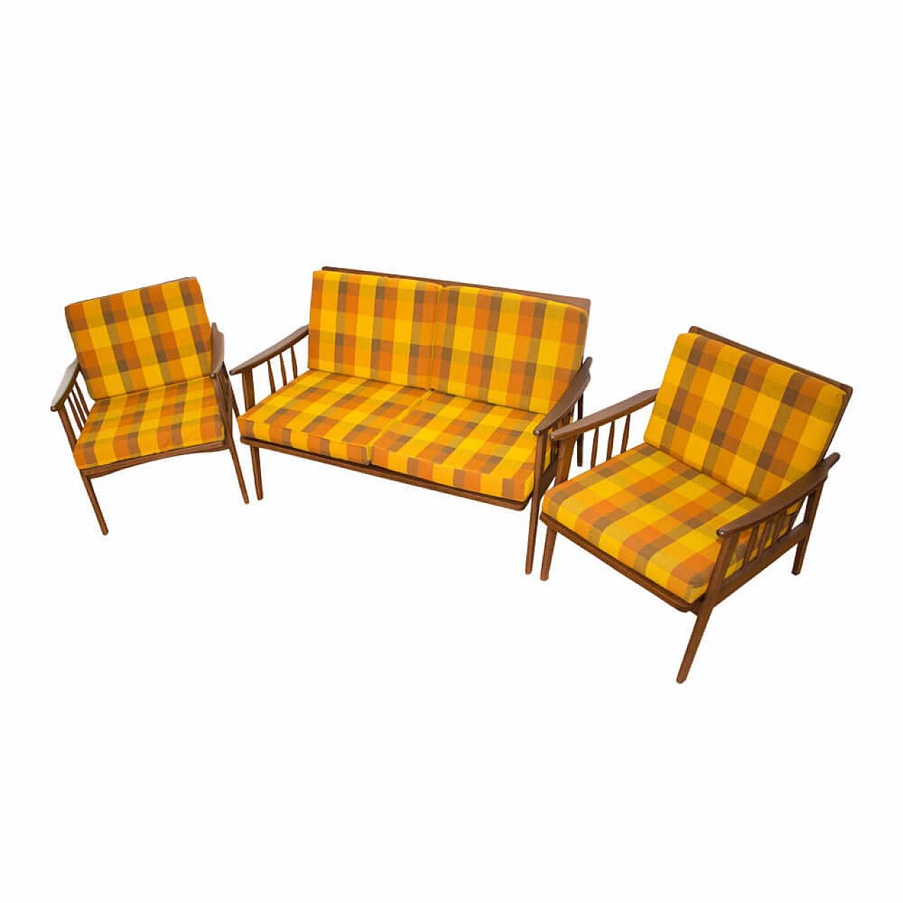 Pair of wood and multicolored checkered fabric armchairs, 1960s 9