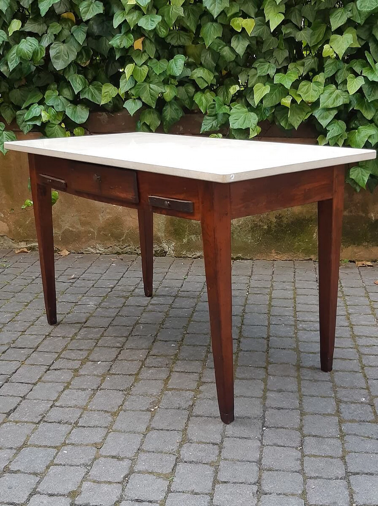 Elm equipped kitchen table with botticino marble top, 19th century 2