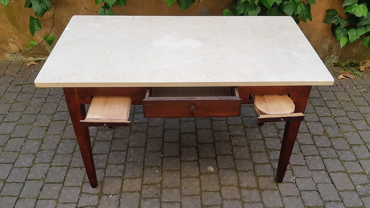 Elm equipped kitchen table with botticino marble top, 19th century 5