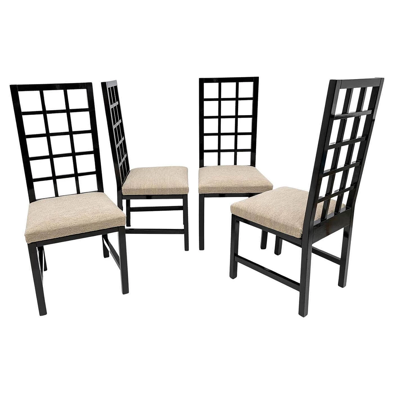 4 Mackintosh-style black lacquered high-backed chairs, 1979 1