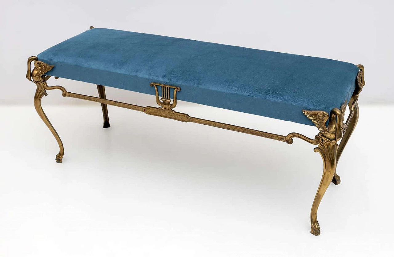 Velvet, bronze and brass bench on four swan-shaped feet, 1950s 4