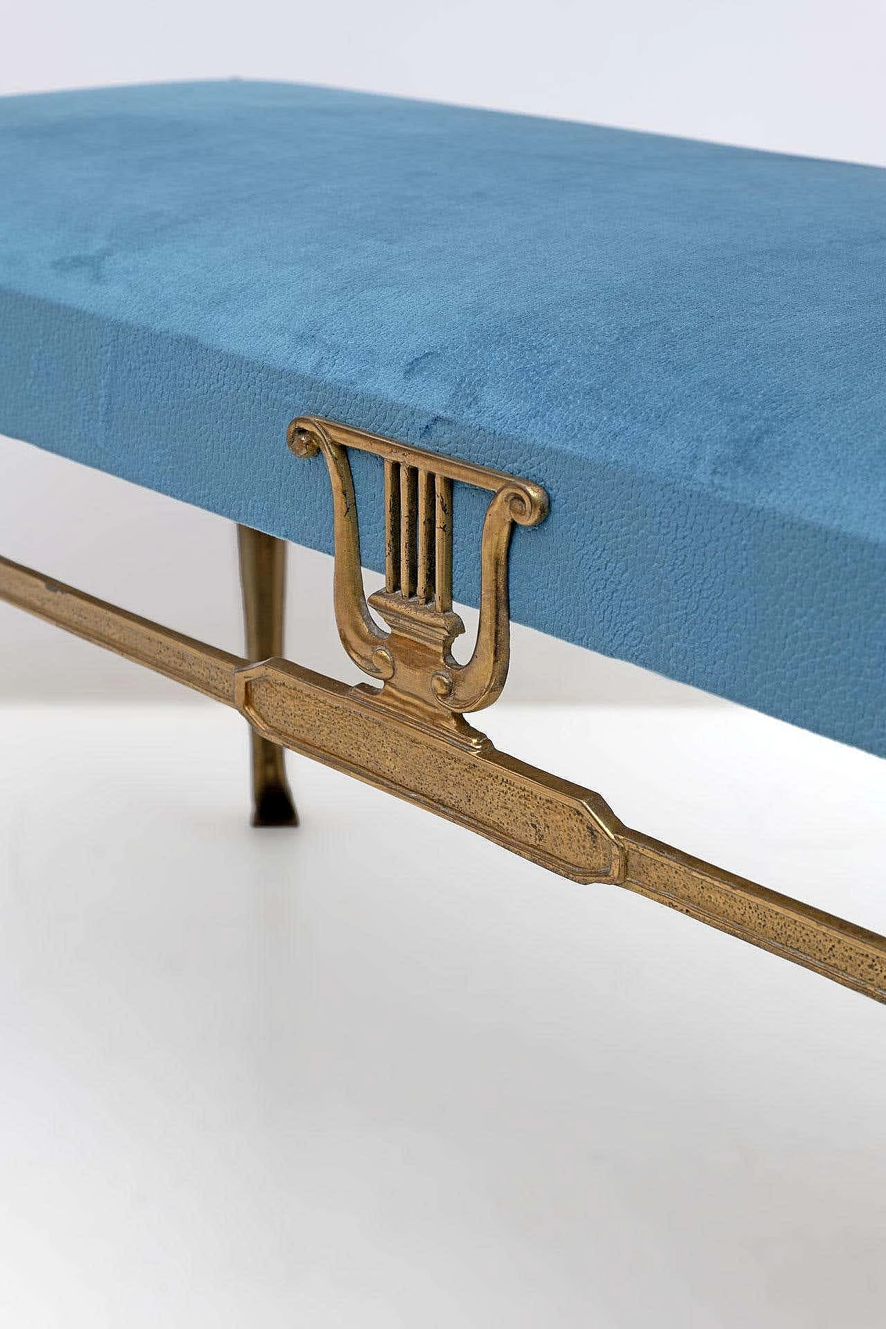 Velvet, bronze and brass bench on four swan-shaped feet, 1950s 7