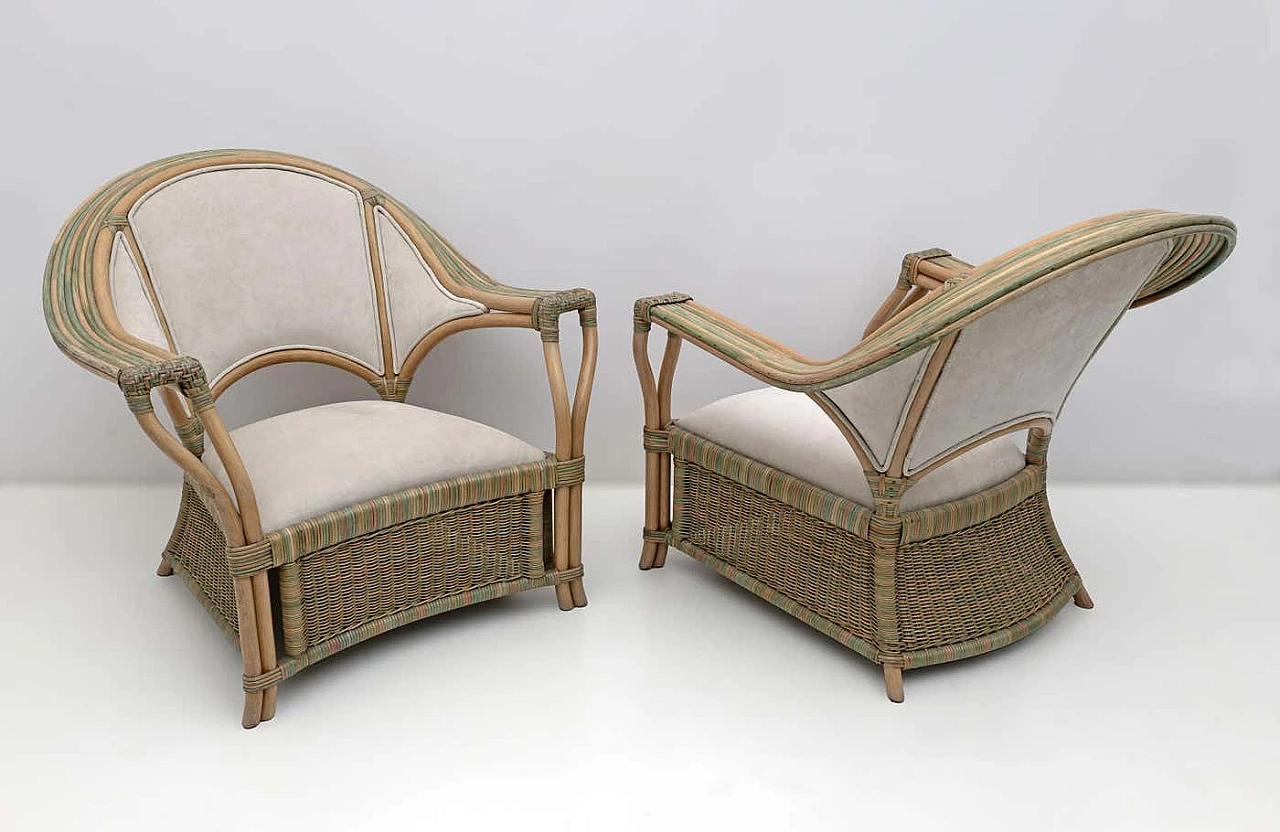 Pair of wicker, rattan and ivory fabric armchairs, 1970s 1