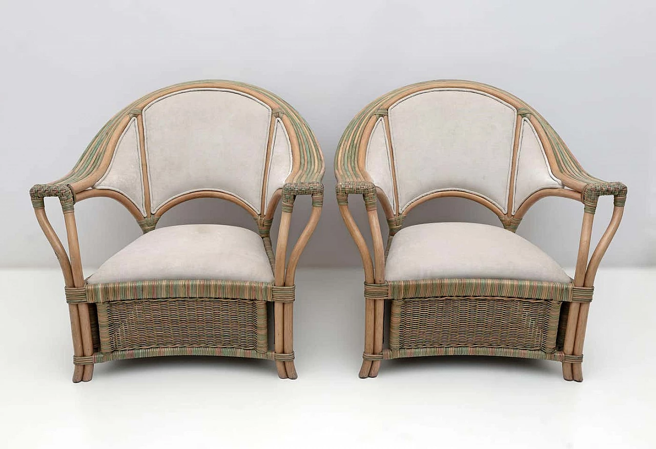 Pair of wicker, rattan and ivory fabric armchairs, 1970s 2