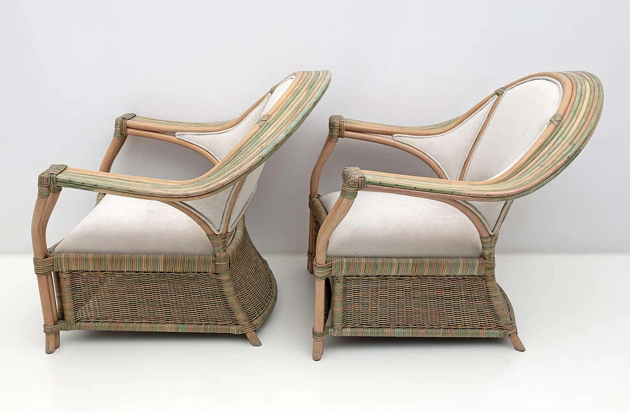 Pair of wicker, rattan and ivory fabric armchairs, 1970s 3