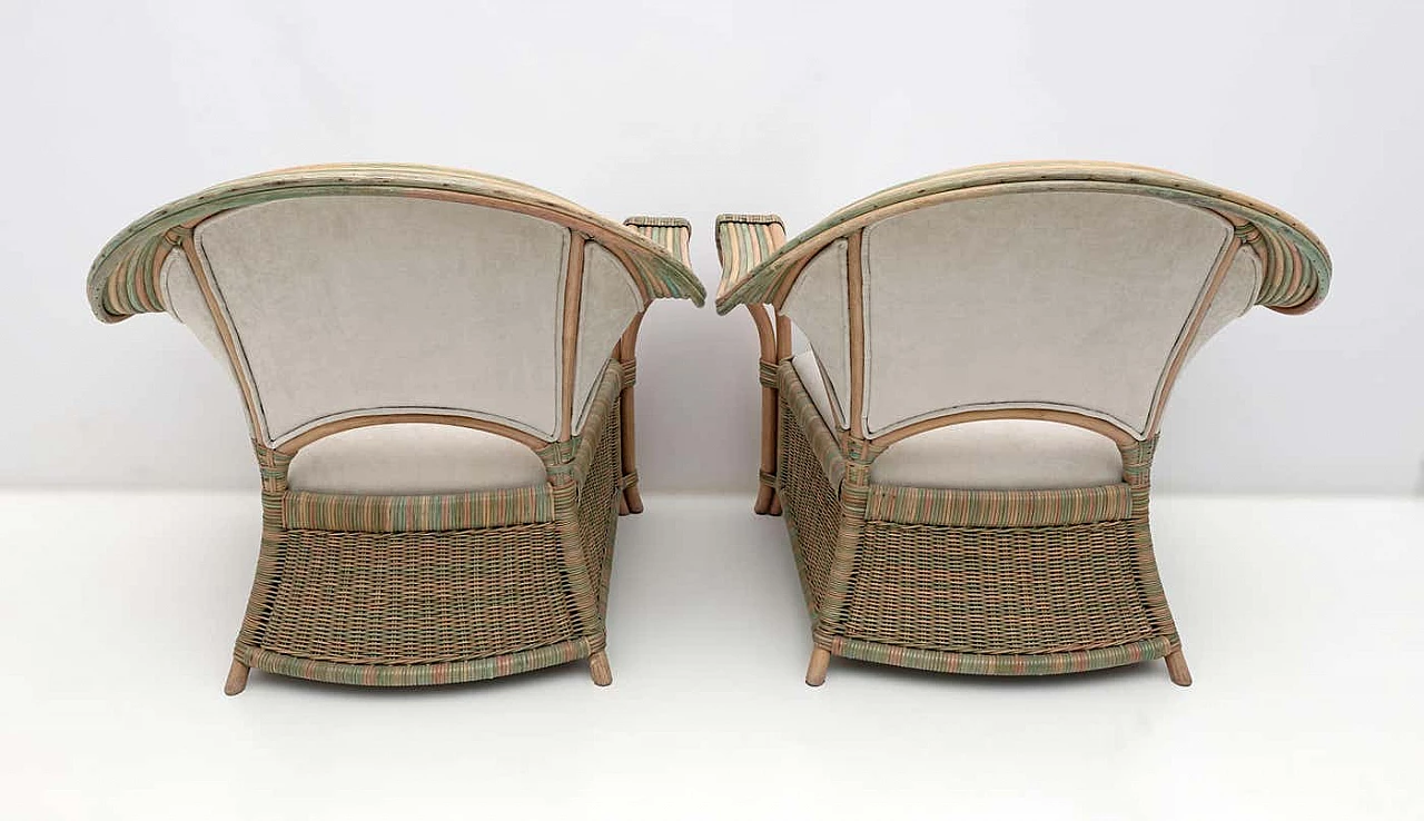 Pair of wicker, rattan and ivory fabric armchairs, 1970s 4