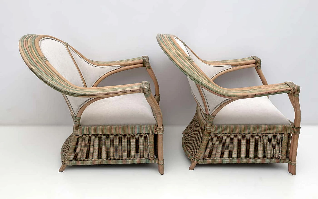 Pair of wicker, rattan and ivory fabric armchairs, 1970s 5