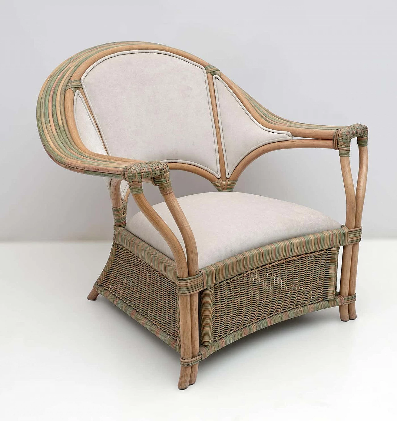 Pair of wicker, rattan and ivory fabric armchairs, 1970s 6