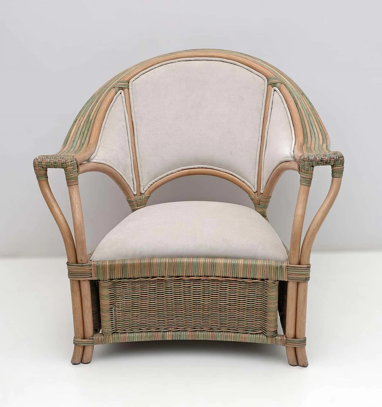 Pair of wicker, rattan and ivory fabric armchairs, 1970s 7