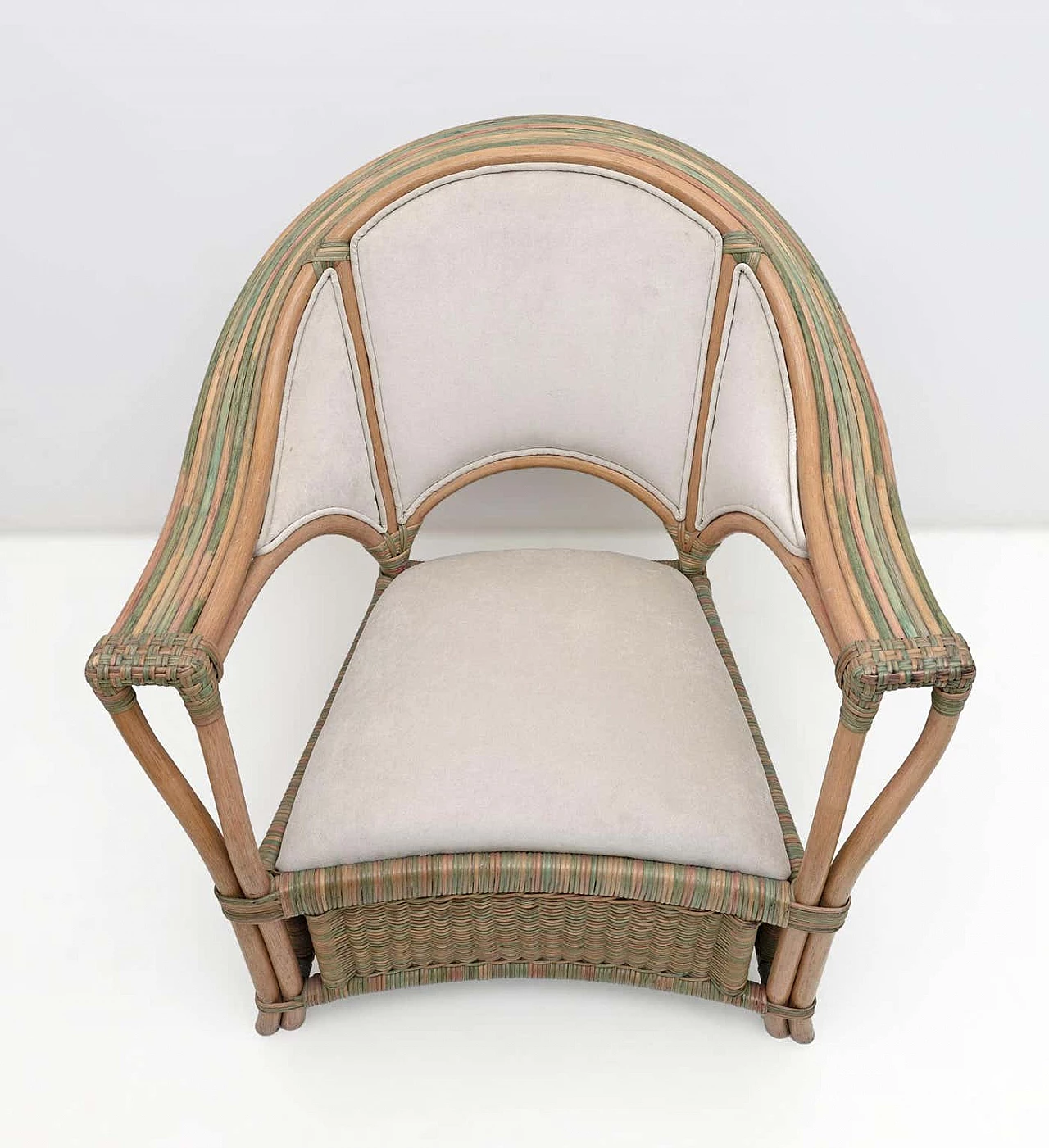 Pair of wicker, rattan and ivory fabric armchairs, 1970s 8