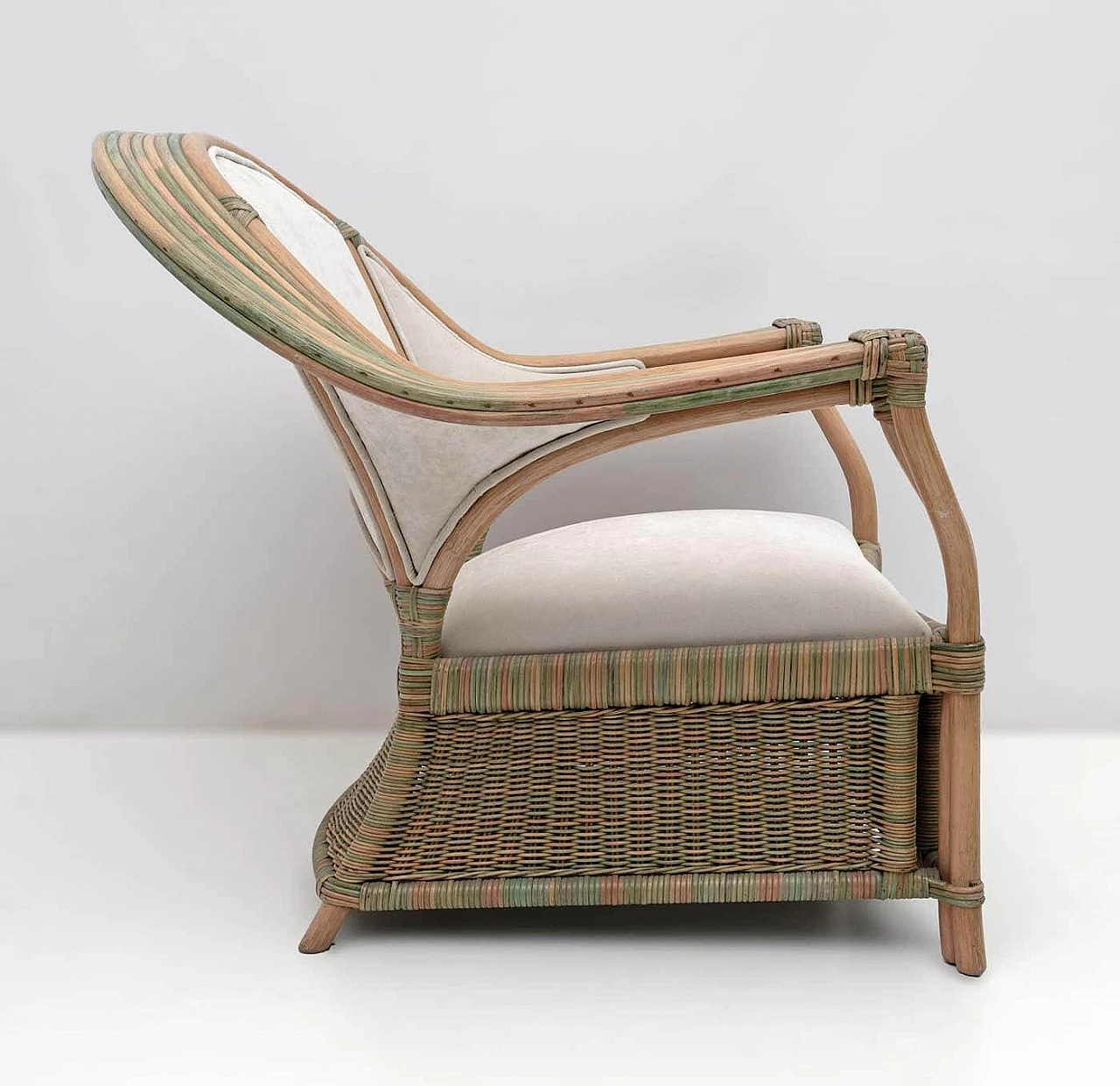 Pair of wicker, rattan and ivory fabric armchairs, 1970s 9