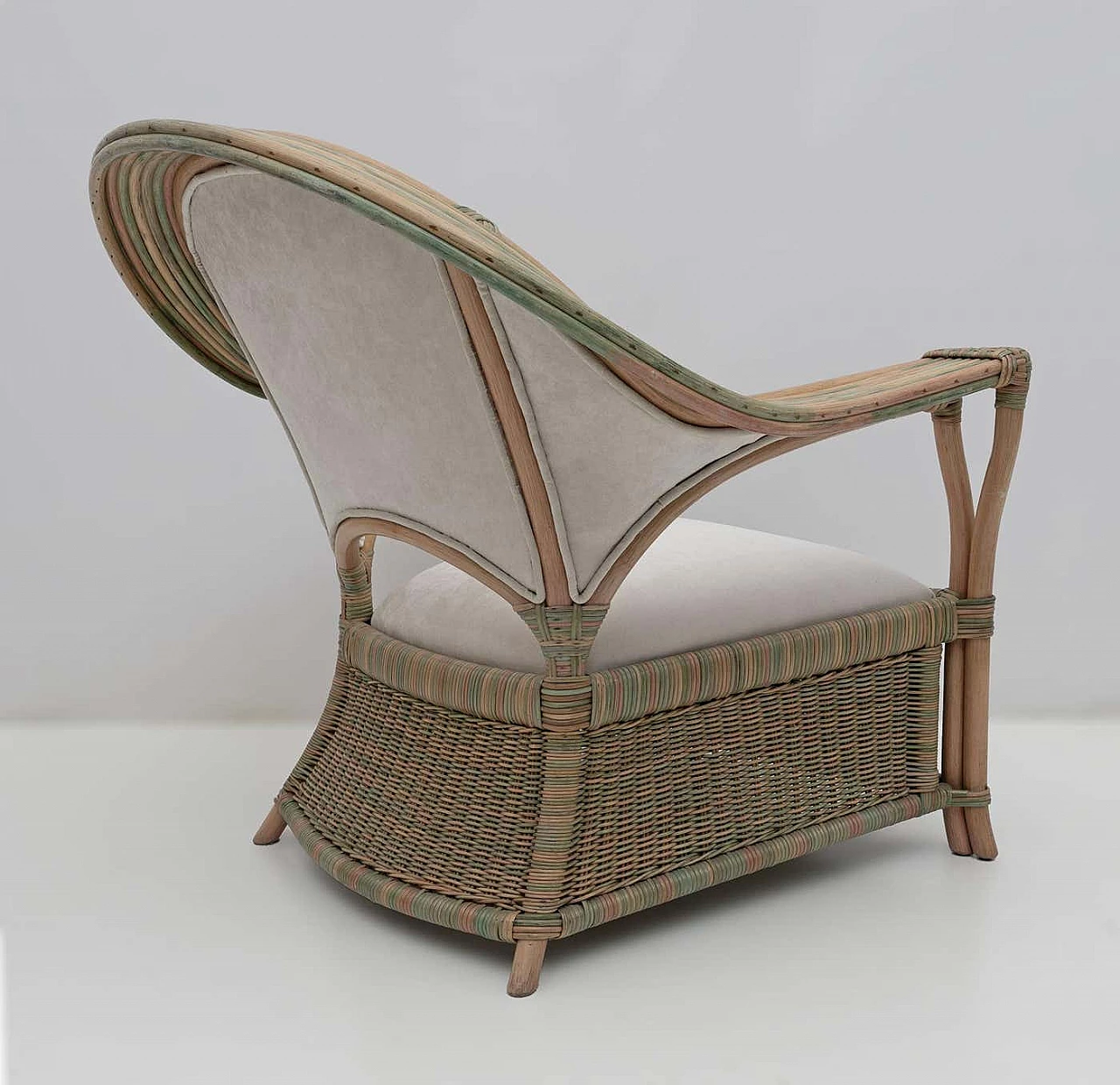 Pair of wicker, rattan and ivory fabric armchairs, 1970s 10