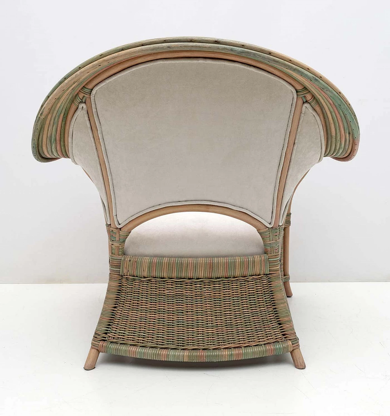 Pair of wicker, rattan and ivory fabric armchairs, 1970s 11