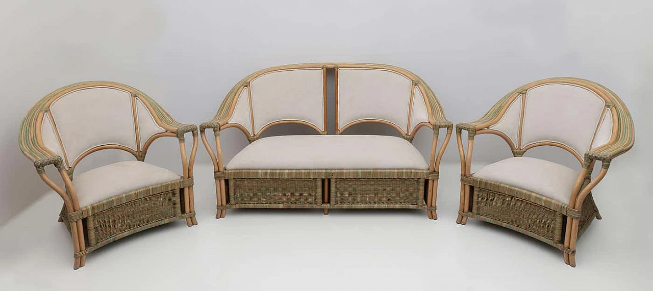 Pair of wicker, rattan and ivory fabric armchairs, 1970s 12