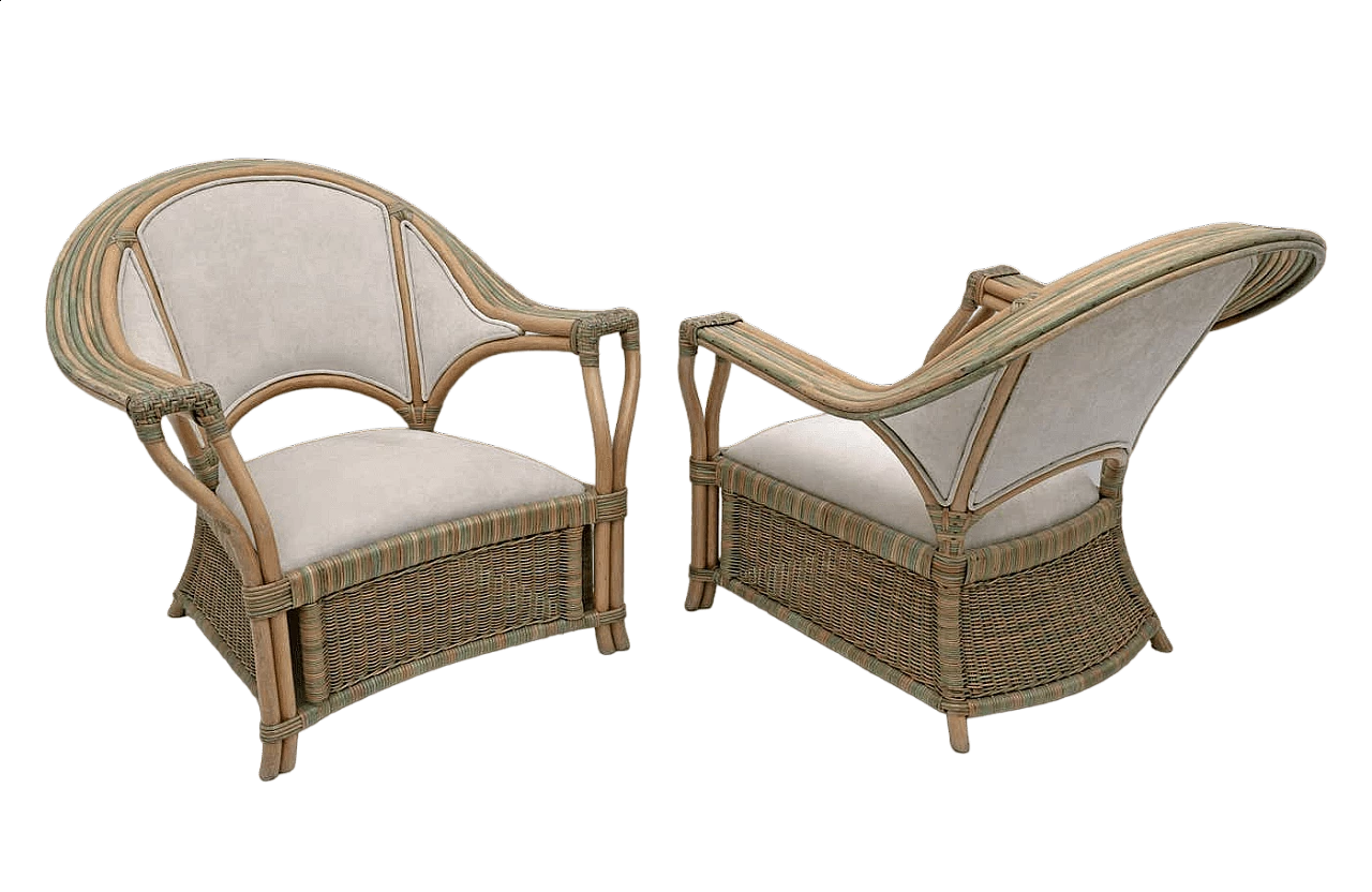 Pair of wicker, rattan and ivory fabric armchairs, 1970s 13